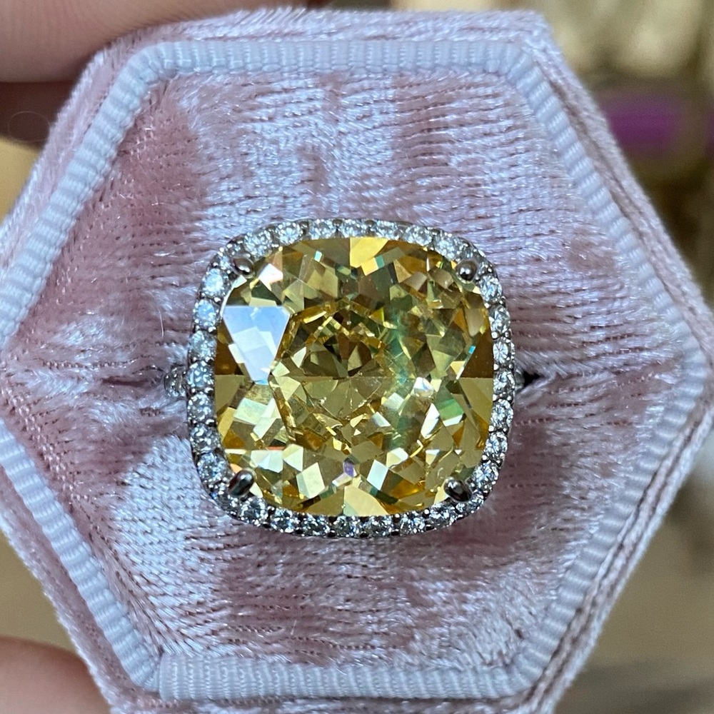Canary / Lemon yellow silver halo ring.
